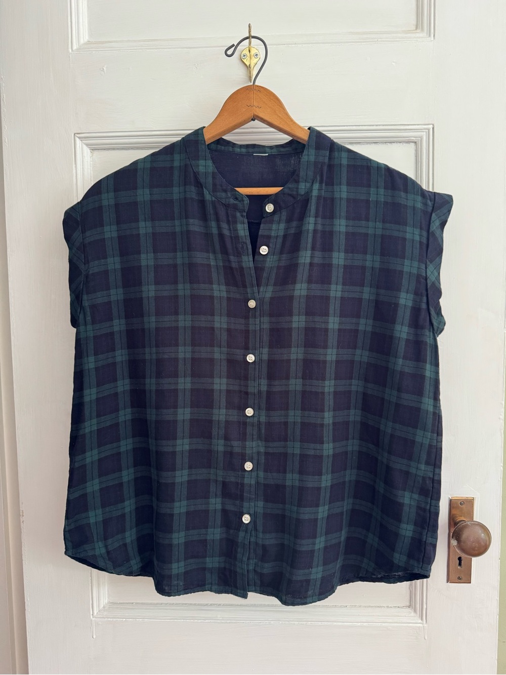 Button-Front Plaid Top in Navy & Forest Green